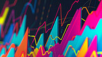 Closeup, 3D graphs with stock market or trading chart, financial investment opportunity or crypto with neon. Lines, pattern and digital currency for profit or growth, pay index and finance report