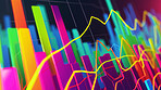 Closeup, 3D graphs with stock exchange or trading chart, financial investment opportunity or crypto with neon. Lines, pattern and digital currency for profit or growth, pay index and finance report