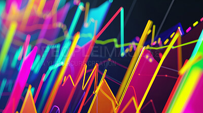 Closeup, graph with stock exchange or trading chart, financial investment opportunity or crypto with neon light. Lines, pattern and digital currency for profit or growth, pay index and finance report