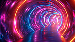 Abstract, tunnel and colorful neon rings for screensaver, wallpaper and effect with lights. Sparkle, round shapes and 
circle pattern with shine, reflection and creative aesthetics with geometric