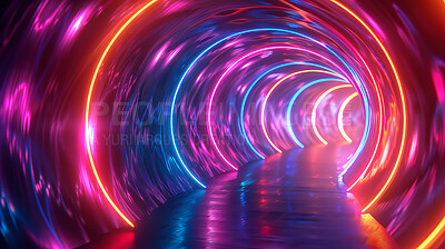 Abstract, tunnel and colorful neon rings for screensaver, wallpaper and effect with lights. Sparkle, round shapes and circle pattern with shine, reflection and creative aesthetics with geometric