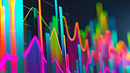 Closeup, graphs with stock market or trading chart, financial investment opportunity or crypto with neon light. Lines, pattern and digital currency for profit or growth, pay index and finance report