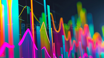 Closeup, graphs with stock market or trading chart, financial investment opportunity or crypto with neon light. Lines, pattern and digital currency for profit or growth, pay index and finance report