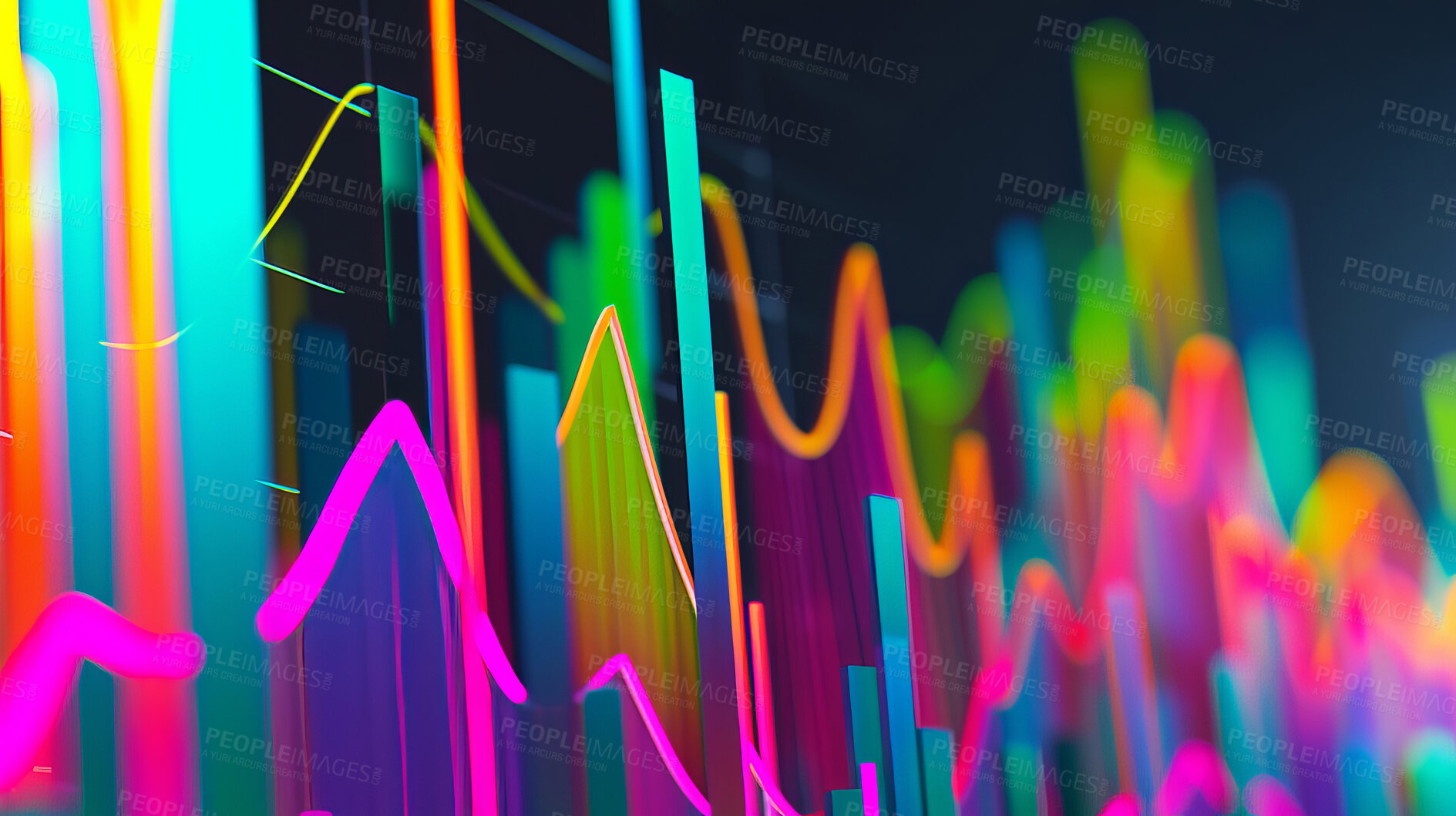 Buy stock photo Closeup, graphs with stock market or trading chart, financial investment opportunity or crypto with neon light. Lines, pattern and digital currency for profit or growth, pay index and finance report