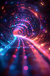 Abstract, tunnel and vortex neon light with spiral for screensaver, wallpaper and effect. Sparkle, round shapes and circle pattern with color, reflection and creative aesthetics with geometric