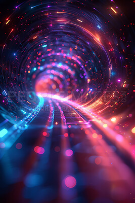 Abstract, tunnel and vortex neon light with spiral for screensaver, wallpaper and effect. Sparkle, round shapes and circle pattern with color, reflection and creative aesthetics with geometric