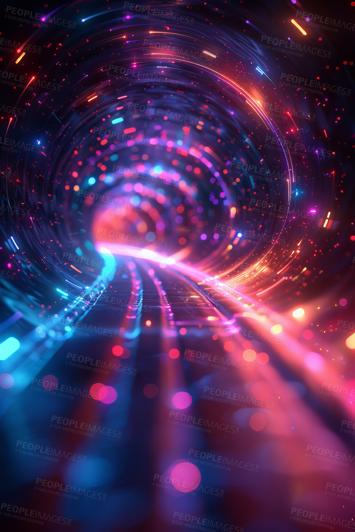 Buy stock photo Abstract, tunnel and vortex neon light with spiral for screensaver, wallpaper and effect. Sparkle, round shapes and circle pattern with color, reflection and creative aesthetics with geometric