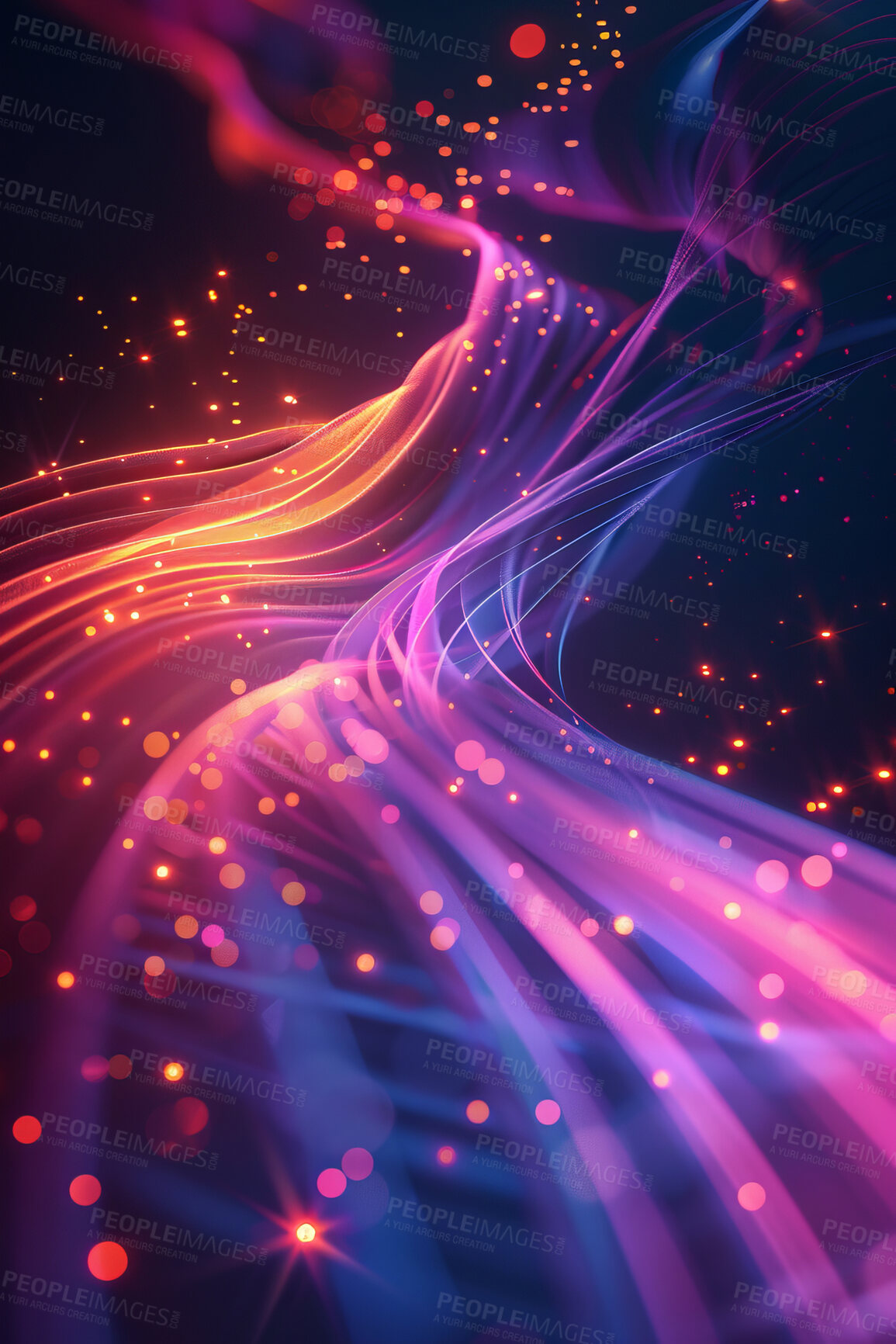 Buy stock photo Sound wave, glow motion and bokeh with abstract patterns for frequency flow, data transfer and technology. Futuristic design, innovation and colorful dots for cloud computing and connection stream