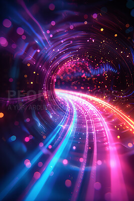 Abstract, tunnel and reflection neon rings for screensaver, wallpaper and effect with lights. Sparkle, round shapes and circle pattern with color, radial and creative aesthetics with geometric