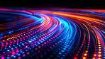 Sound wave, glow motion and neon with abstract patterns for frequency flow, data transfer and technology. Futuristic design, innovation and colorful dots for cloud computing and connection stream