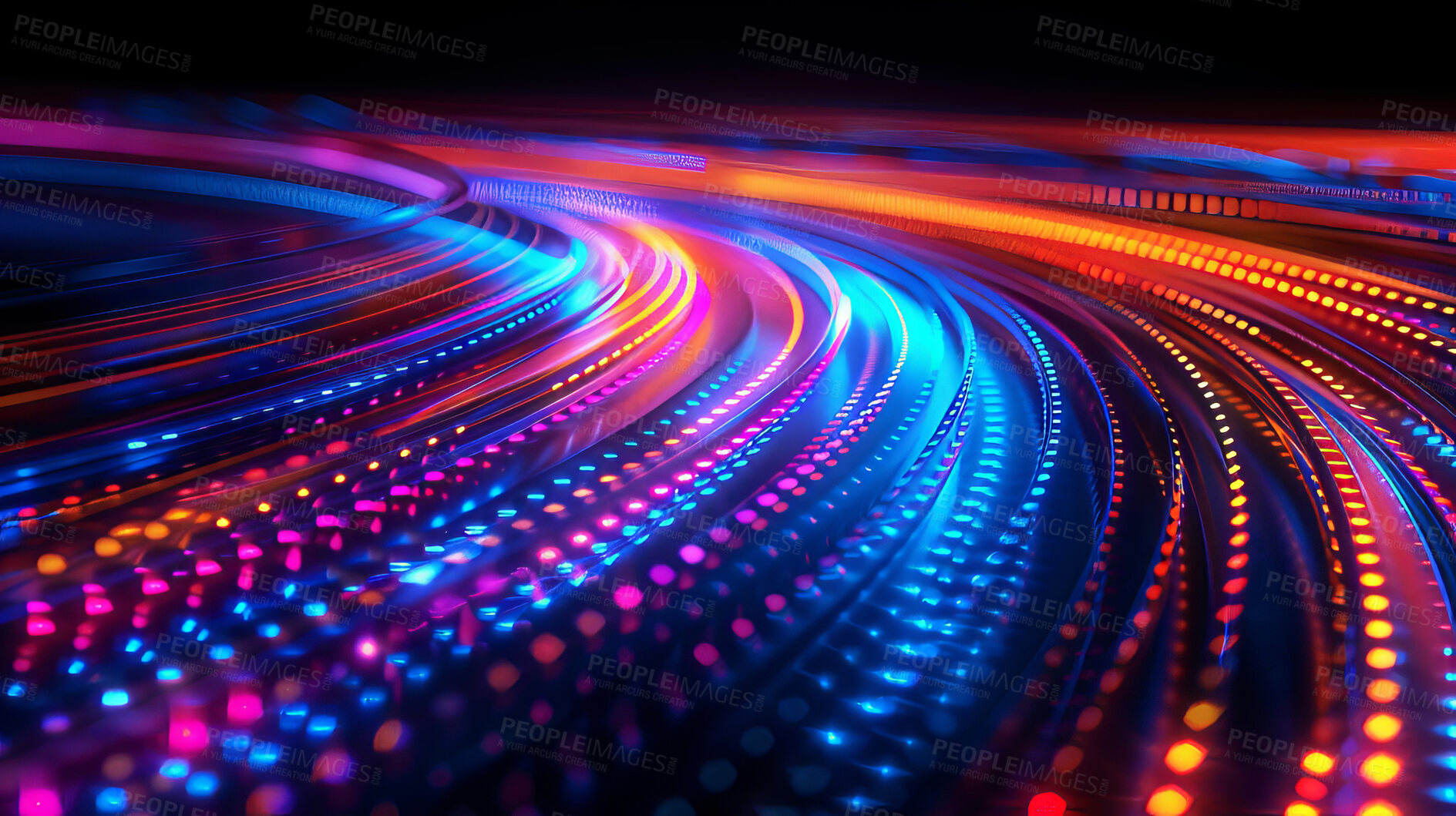 Buy stock photo Sound wave, glow motion and neon with abstract patterns for frequency flow, data transfer and technology. Futuristic design, innovation and colorful dots for cloud computing and connection stream