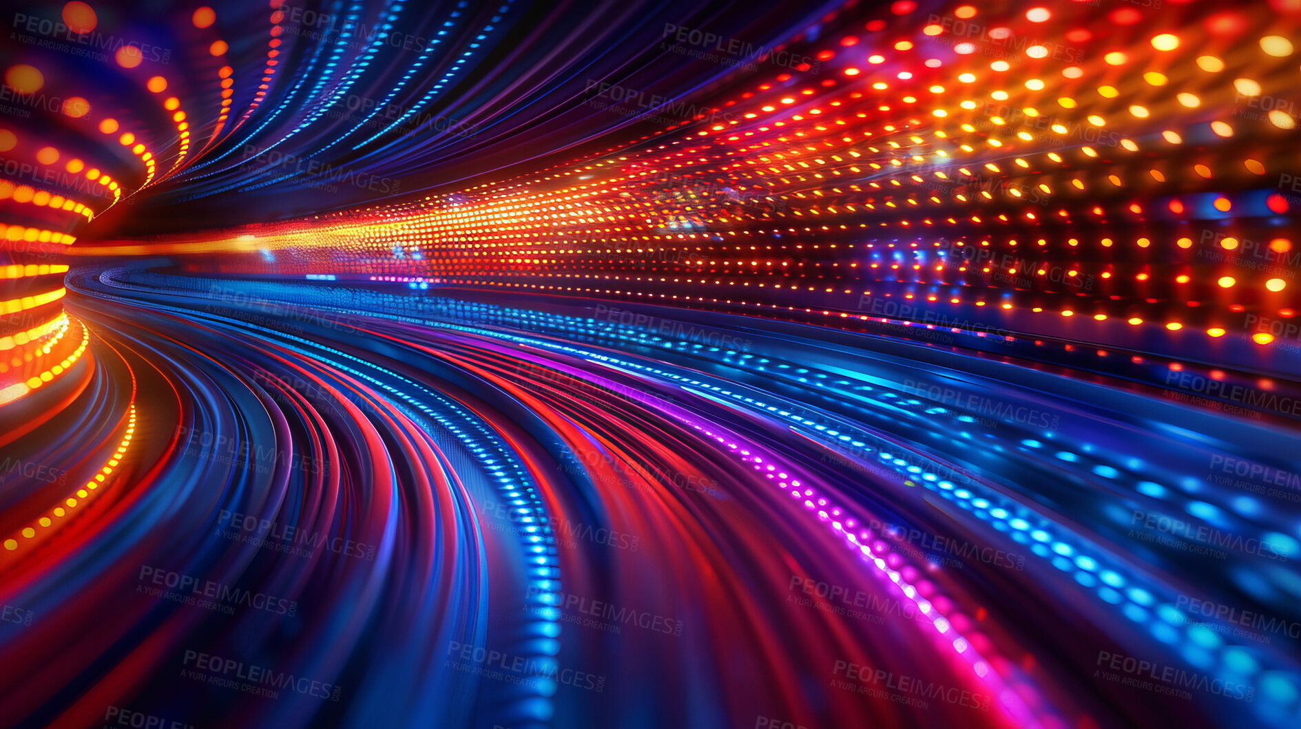 Buy stock photo Sound wave, motion and neon tunnel with abstract patterns for frequency flow, data transfer and technology. Futuristic design, innovation and colorful dots for cloud computing and connection stream