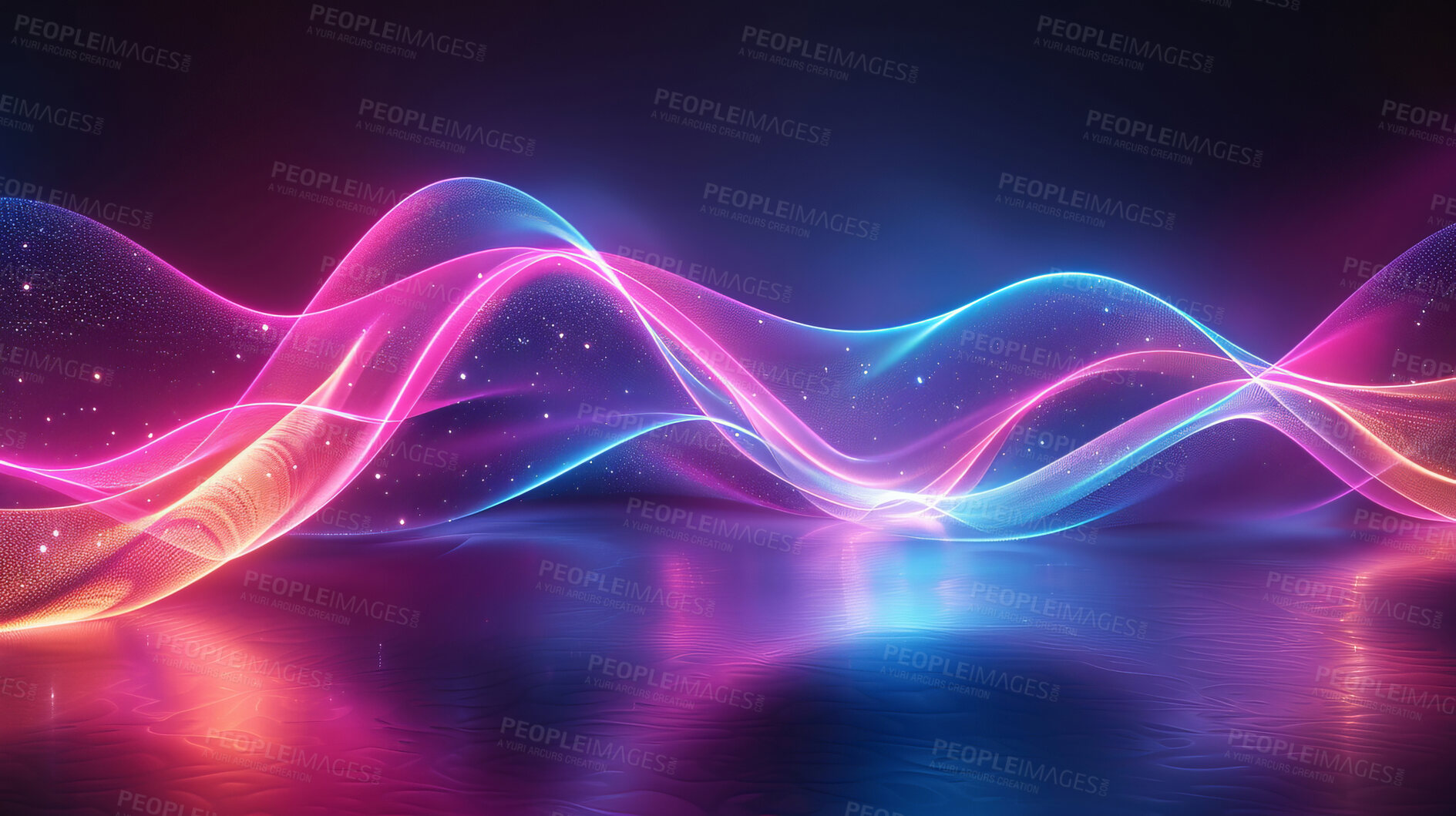 Buy stock photo Light, lines or sound waves abstract with neon color, cyber or energy with streak, futuristic and special effects. Techno, radio and glow for audio frequency, vibration and electronic with waveform