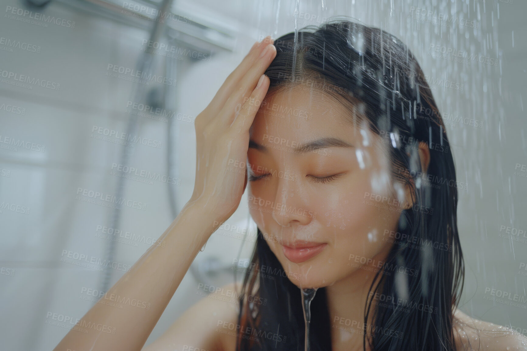 Buy stock photo Asian woman, face and smile in shower with hygiene for cleaning, washing and water for routine in bathroom. Person, splash or hair care for wellness, grooming or skincare with facial cleanse or fresh