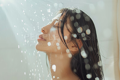 Buy stock photo Asian woman, face and hygiene in shower with water for cleaning, washing and routine in bathroom. Person, splash and hair care for wellness, grooming and skincare with facial cleanse or fresh in home