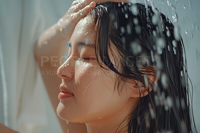 Buy stock photo Asian woman, face and relax in shower with water for cleaning, washing and hygiene routine in bathroom. Person, splash and hair care for wellness, grooming and skincare with facial cleanse and fresh