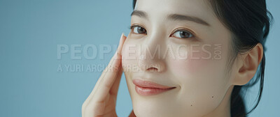 Buy stock photo Studio, portrait and woman with Korean skincare, spa and facial treatment with natural makeup. Cosmetology, dermatology for glowing and healthy skin with model, cosmetics and wellness for face care
