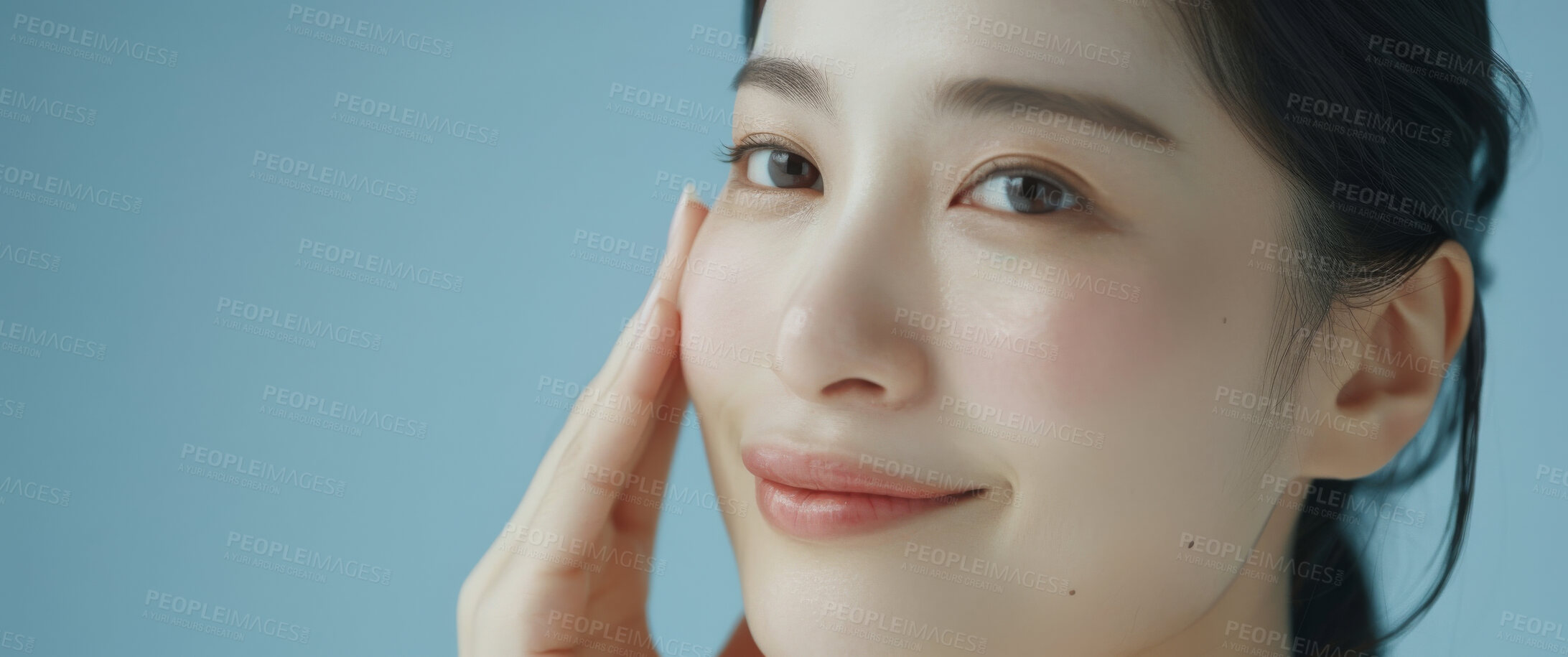 Buy stock photo Studio, portrait and woman with Korean skincare, spa and facial treatment with natural makeup. Cosmetology, dermatology for glowing and healthy skin with model, cosmetics and wellness for face care
