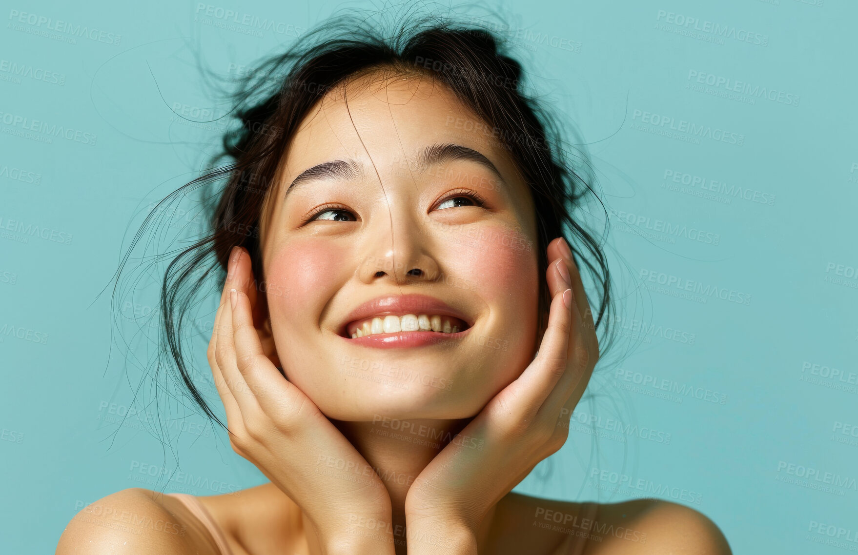 Buy stock photo Asian, woman and hands with natural beauty, skincare glow and wellness for dermatology on blue background. Healthy skin, antiaging treatment or facial with cosmetics, happy and clean with shine