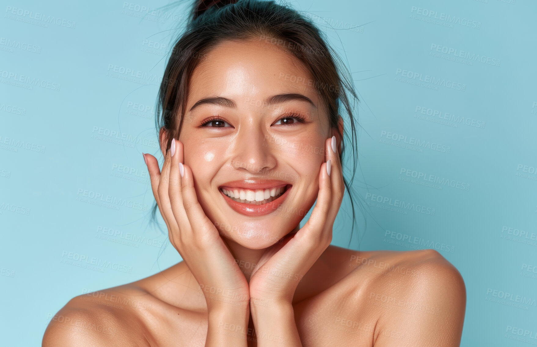 Buy stock photo Asian, woman and portrait for beauty, happy with skincare glow and change with dermatology on blue background. Healthy skin, antiaging treatment or facial with cosmetics, natural and hands on face