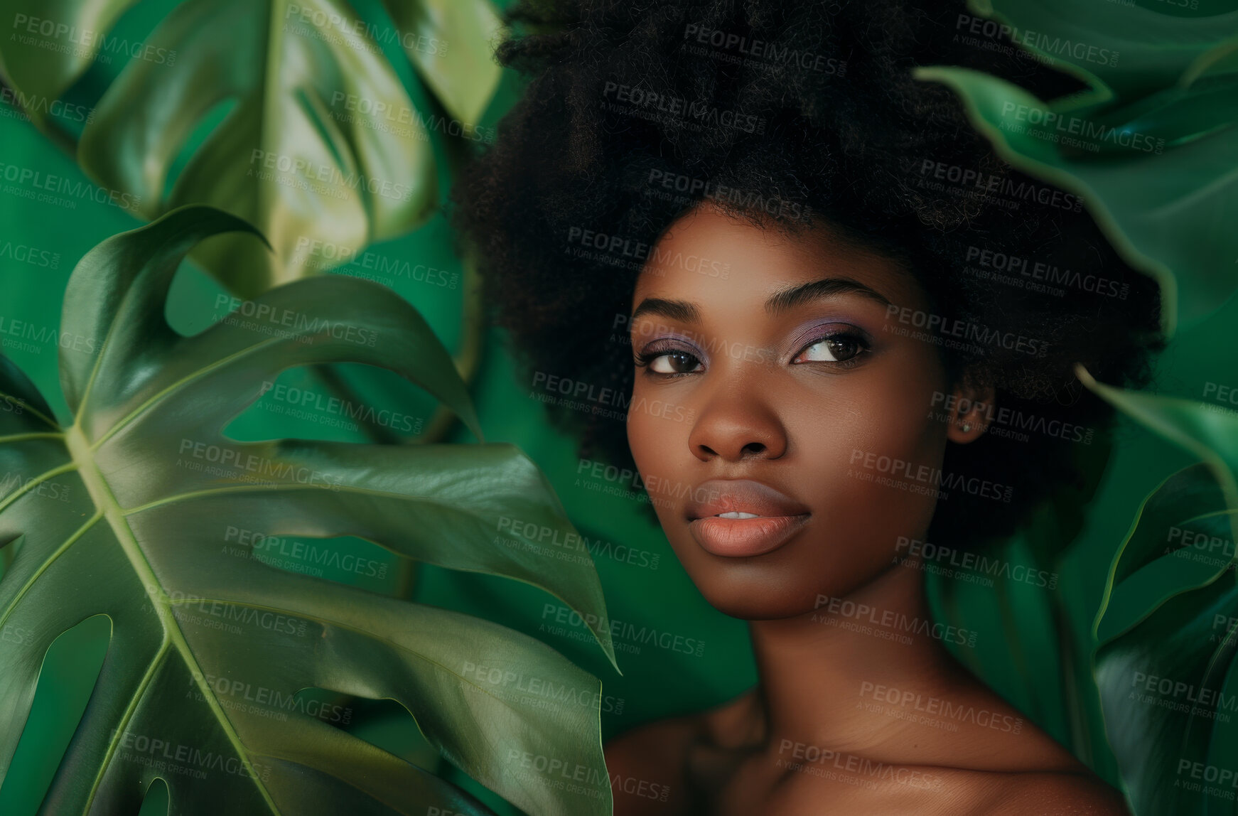 Buy stock photo Black woman, beauty and monstera leaf for natural, skincare and cosmetics in nature. Female model, dermatology and organic treatment for self care, facial and wellness in forest with aesthetic