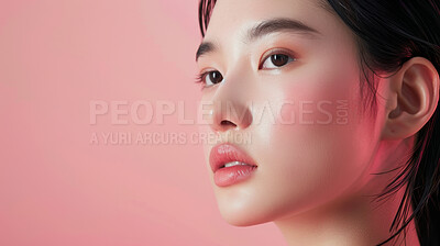 Shine, cosmetics or Asian woman with makeup, beauty and wellness on pink studio background. Person, model and girl with healthy skin or luxury with self care and aesthetic with beauty and dermatology