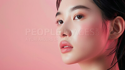 Buy stock photo Shine, cosmetics or Asian woman with makeup, beauty and wellness on pink studio background. Person, model and girl with healthy skin or luxury with self care and aesthetic with beauty and dermatology