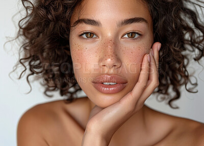 Buy stock photo Woman, portrait and skincare or beauty in studio with freckles, dermatology and confidence. Model, person and face with cosmetics, facial treatment and glowing skin with self care on white background