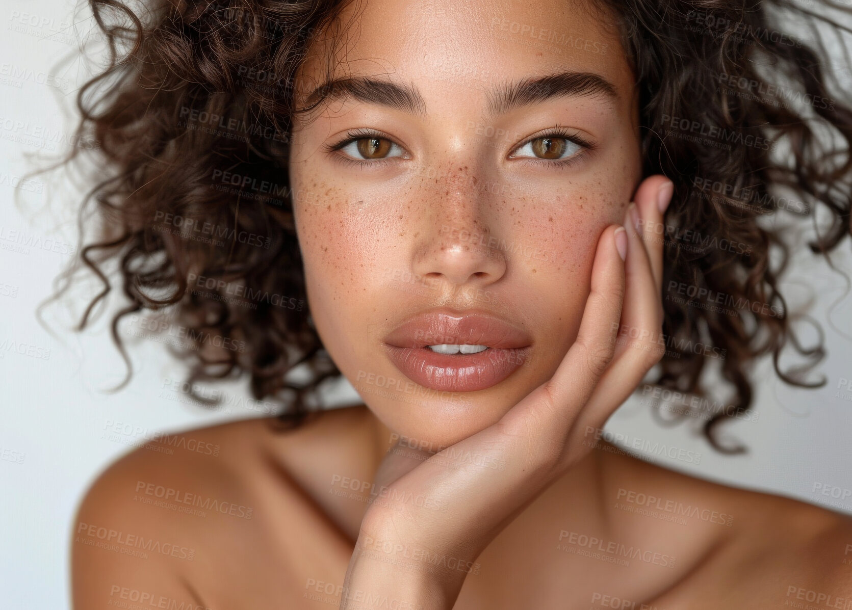 Buy stock photo Woman, portrait and skincare or beauty in studio with freckles, dermatology and confidence. Model, person and face with cosmetics, facial treatment and glowing skin with self care on white background