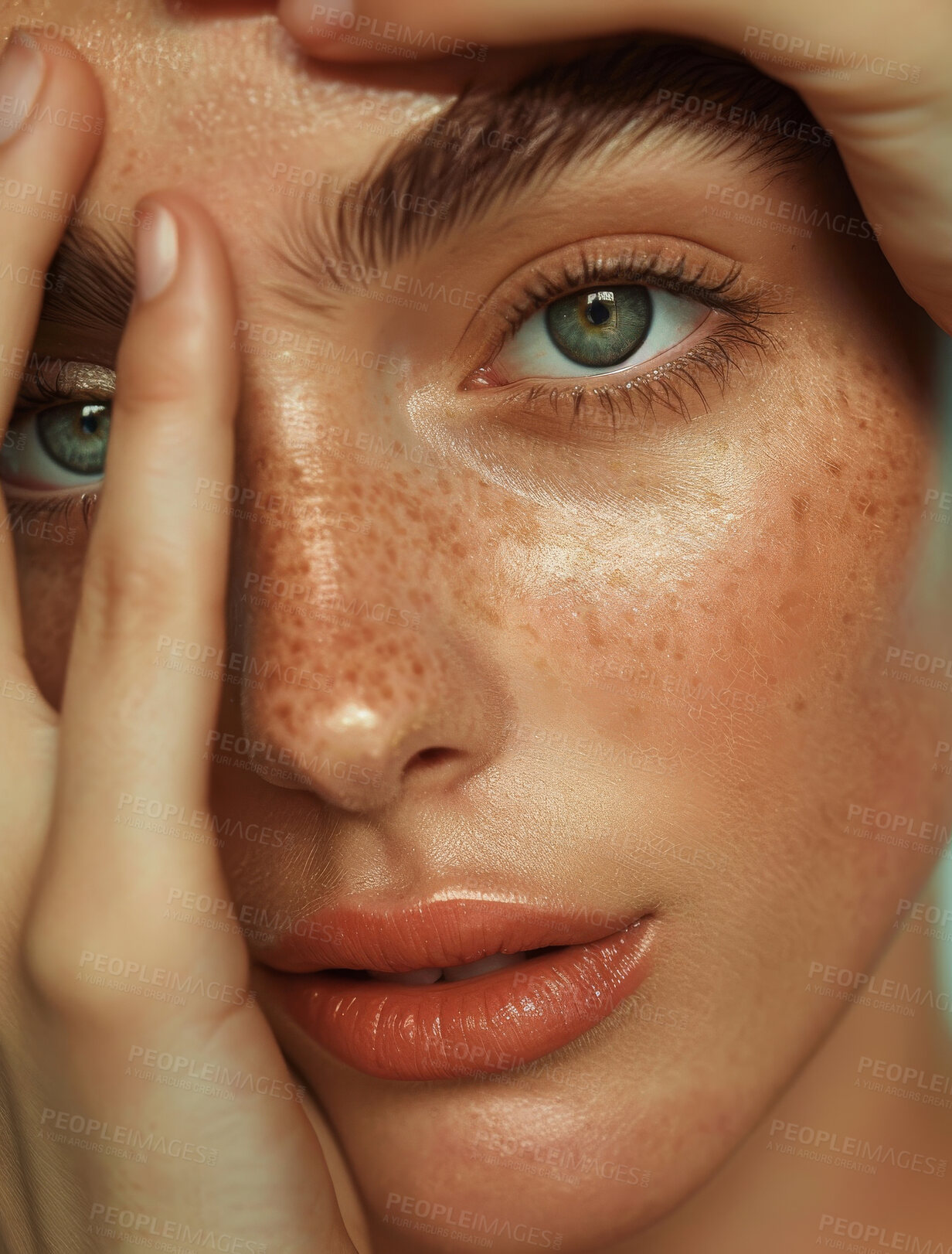 Buy stock photo Skincare, glow and portrait of woman with beauty, health and wellness face treatment for cosmetic. Natural, confident and closeup of female person with freckles for facial dermatology routine.