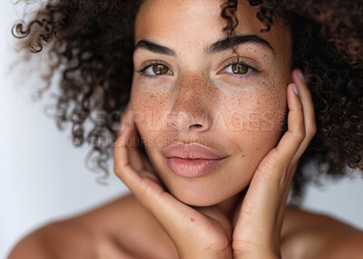 Buy stock photo Woman, portrait and skincare or cosmetics in studio with freckles, dermatology and confidence. Model, person and face with beauty, facial treatment and glowing skin with self care on white background