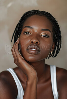 Buy stock photo Black woman, portrait and skincare cosmetics for beauty treatment or hydration, glowing or makeup. Female person, face and hand with dermatology confidence for cleaning wellness, healthy or self care