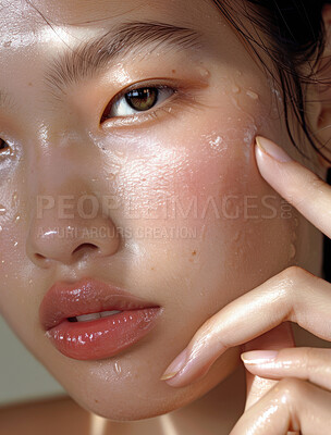 Buy stock photo Beauty, hydration and makeup with portrait of asian woman in studio for cleaning or shower. Facial, skin and wellness with confident or natural young model in bathroom for cosmetics or dermatology