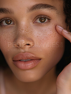 Buy stock photo Skincare, glow and portrait of black woman with wellness, health and facial treatment for cosmetic. Natural, confident and closeup of African female person with freckles for face dermatology routine.