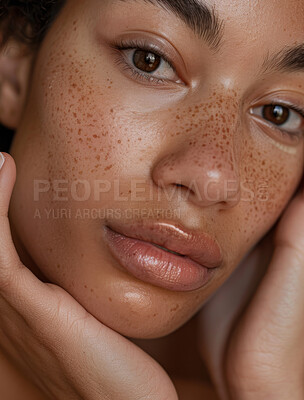 Skincare, beauty and portrait of black woman with cosmetic, health, and wellness face treatment for glow. Natural, confident and closeup of female person with freckles for facial dermatology routine.