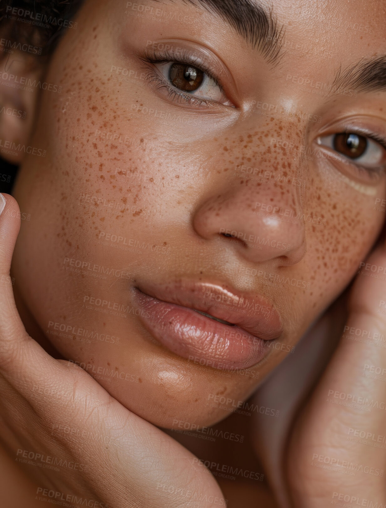 Buy stock photo Skincare, beauty and portrait of black woman with cosmetic, health, and wellness face treatment for glow. Natural, confident and closeup of female person with freckles for facial dermatology routine.