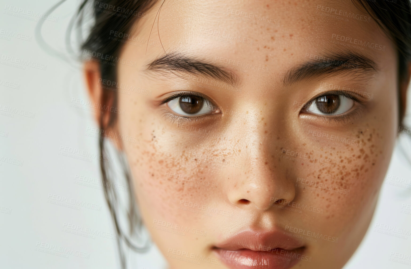 Buy stock photo Makeup, portrait and skincare of asian woman with freckles in studio white background for change. Beauty, face and wellness with confident or natural young model at spa for cosmetics or dermatology