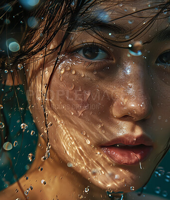 Asian girl, portrait and water drops for skincare or face routine in studio, cleaning and wellness. Woman, h2o and splash for hydration on skin, droplets and moisture for refreshing and radiant feel.