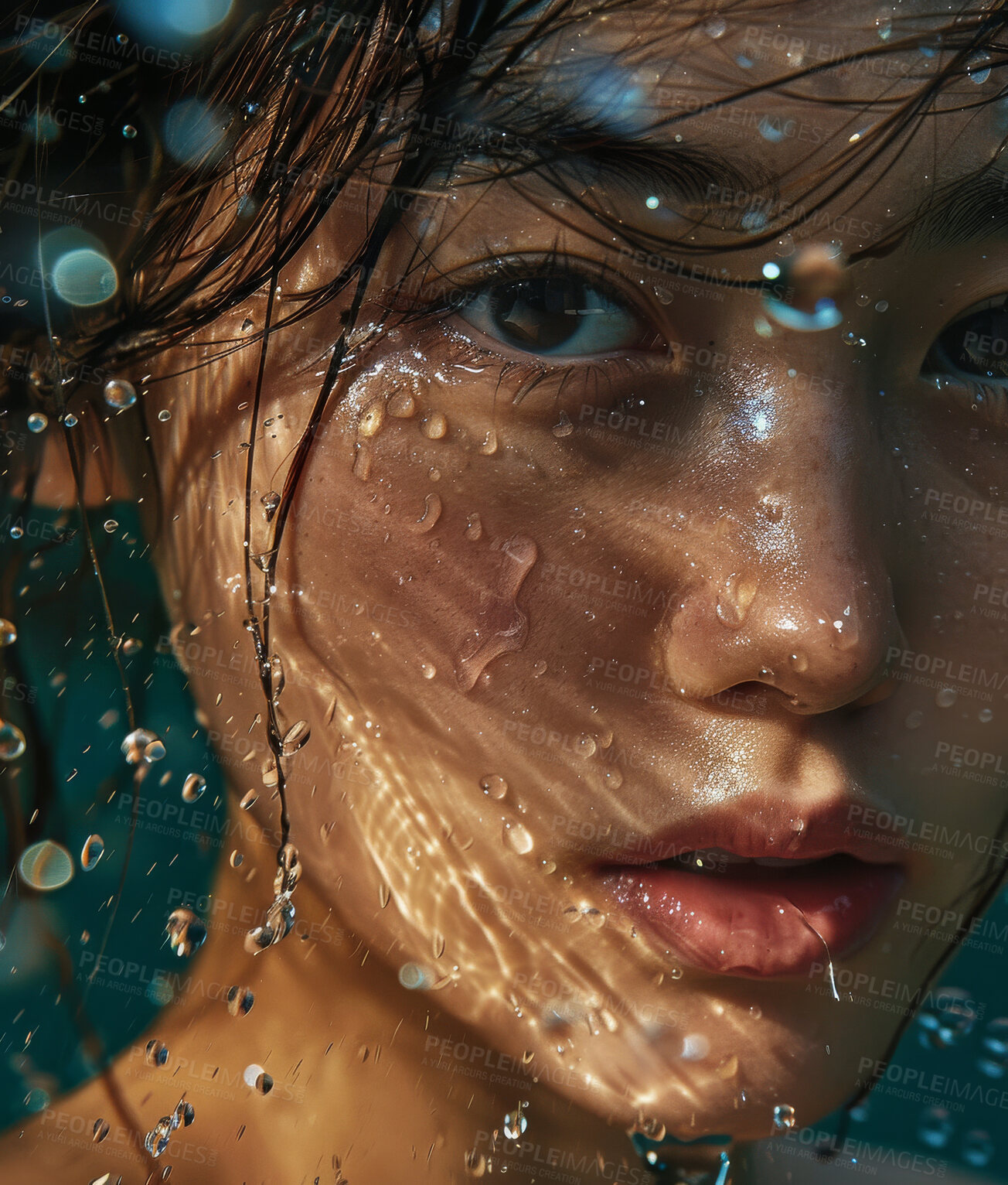 Buy stock photo Asian girl, portrait and water drops for skincare or face routine in studio, cleaning and wellness. Woman, h2o and splash for hydration on skin, droplets and moisture for refreshing and radiant feel.