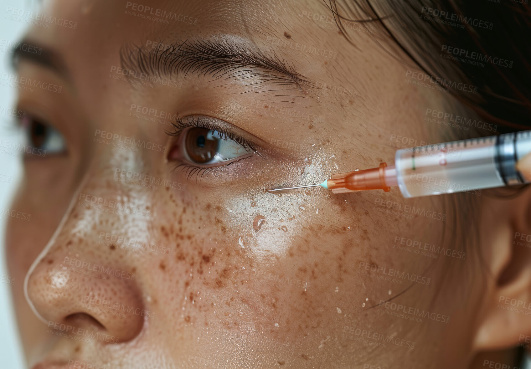 Buy stock photo Skincare, needle and Asian woman with syringe for collagen filler with facial hydrate routine. Health, hyaluronic acid and person with facial dermatology injection for procedure, botox or treatment.