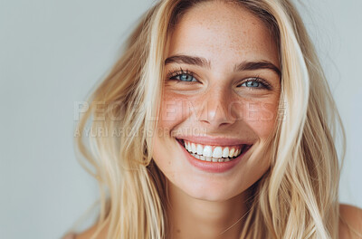 Buy stock photo Studio, portrait and woman with smile for skincare, natural beauty and dermatology treatment. Female person, facial and confident with pride for healthy skin, cosmetics and self care in identity