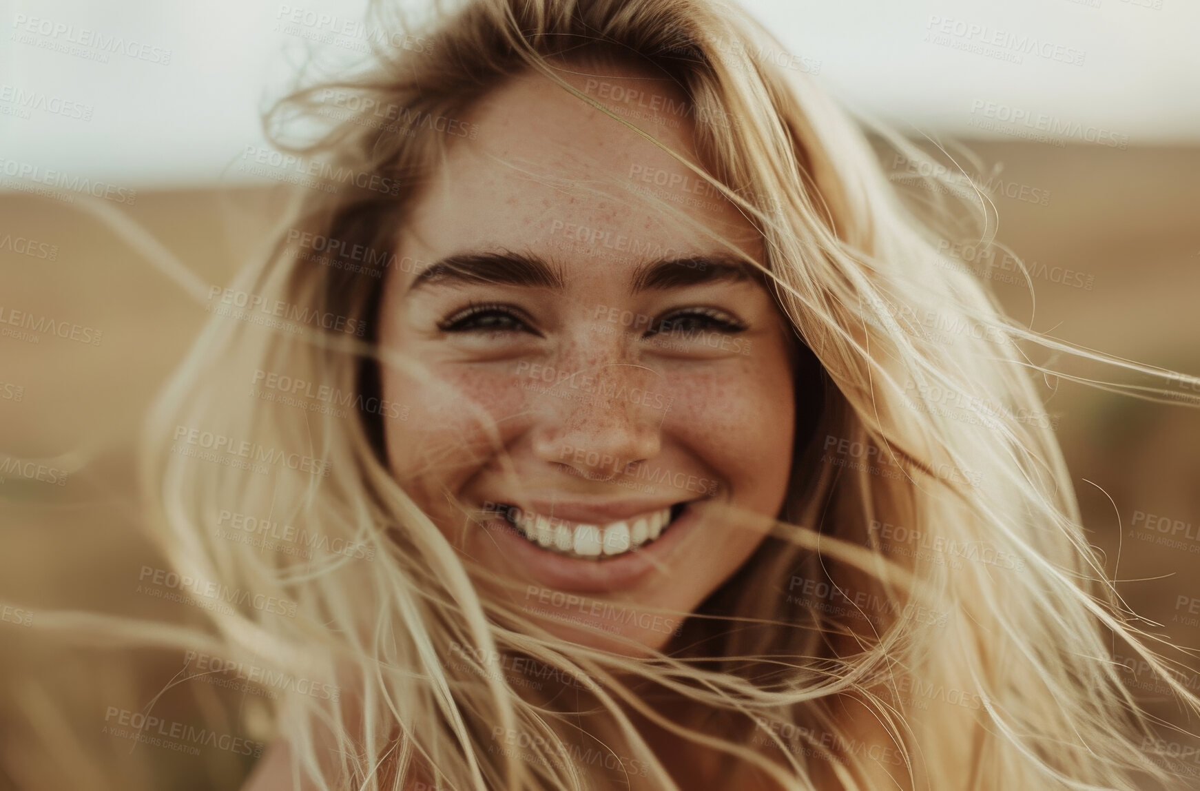 Buy stock photo Woman, smile and confidence in portrait with hair blowing in wind in countryside. Nature, happiness and beautiful scenery with outdoor in field for farmer with agriculture for sustainability on farm