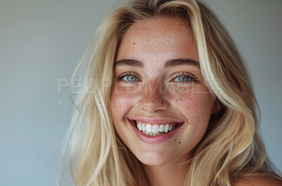 Studio, happy and woman with skincare for confidence, self love and dermatology treatment. Female person, melasma and pride with natural beauty for healthy skin, cosmetics and acceptance in identity