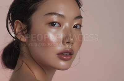 Asian, woman and portrait for natural beauty, skincare glow and wellness with dermatology on pink background. Healthy skin, antiaging treatment or facial with cosmetics, shine and clean look makeup