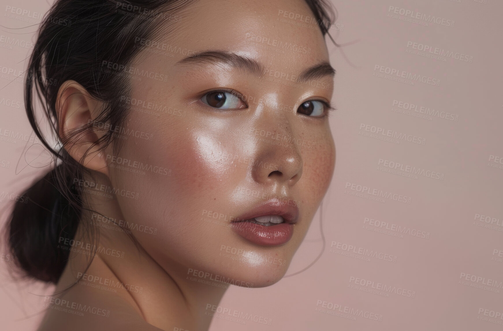 Buy stock photo Asian, woman and portrait for natural beauty, skincare glow and wellness with dermatology on pink background. Healthy skin, antiaging treatment or facial with cosmetics, shine and clean look makeup