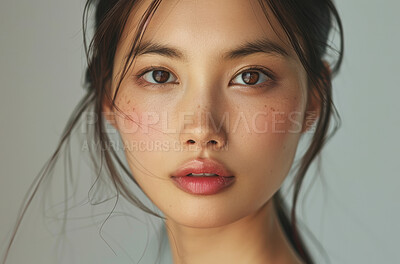 Beauty, makeup and portrait of asian woman with freckles in studio isolated on gray background. Face, skincare and wellness with confident or natural young model at spa for cosmetics or dermatology