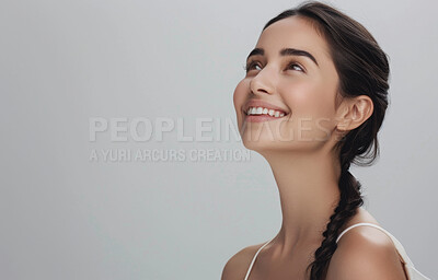 Buy stock photo Woman, smile and thinking with beauty skincare or dermatology, mockup space or grey background. Female person, makeup and wellness treatment with confidence in studio or thoughts, happy or healthy