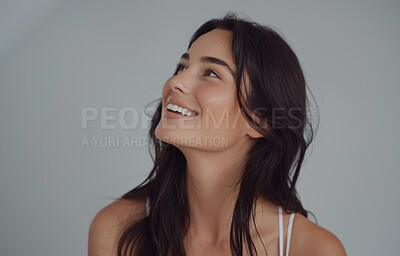 Buy stock photo Smile, skincare and profile of woman in studio for health, wellness and facial cosmetic treatment. Happy, beauty and female person with natural dermatology routine for glow by gray background.