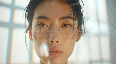 Beauty, makeup and portrait of asian woman with flare in home on gray background for morning routine. Face, skincare and wellness with natural young model at spa for cosmetics or dermatology