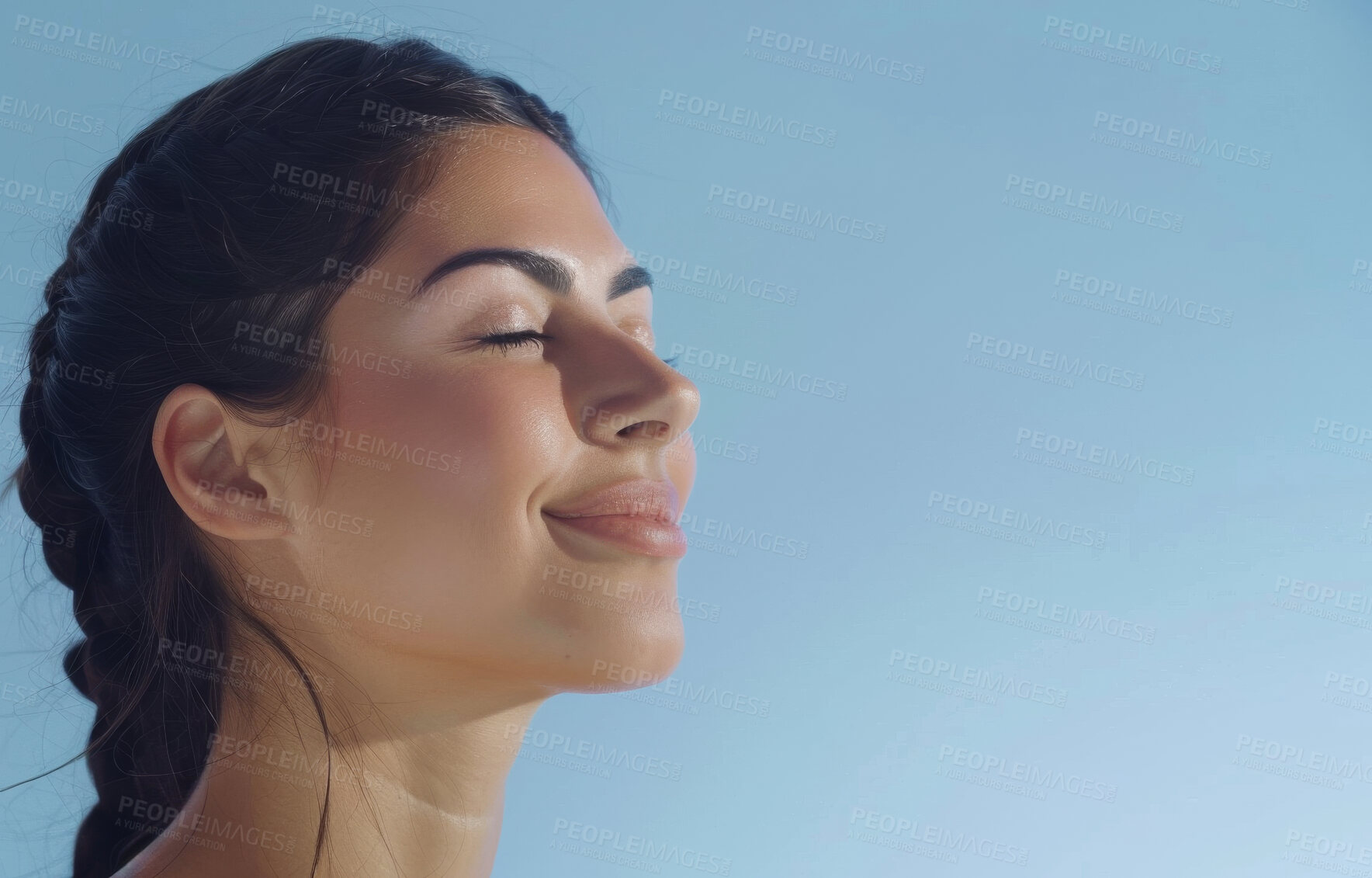 Buy stock photo Face, meditation and space with woman on blue sky background for awareness, mental health or zen. Fresh air, summer and wellness with happy young person outdoor on mockup for calm, peace or quiet